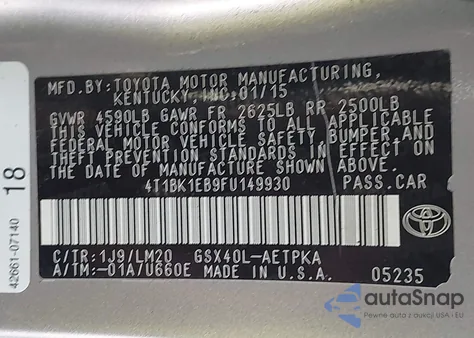 2015 Toyota Avalon Limited z USA, uszkodzony, nr VIN 4T1BK1EB9FU149930